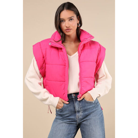 Lulus Jackets & Blazers - Lulus Wintertime Crush Hot Pink Quilted Cropped Side-tie Puffer Vest - Size M